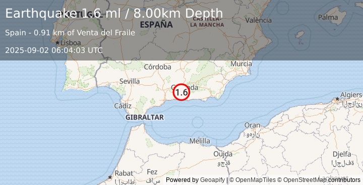 Earthquake STRAIT OF GIBRALTAR (1.6 ml) (2025-09-02 06:04:03 UTC)