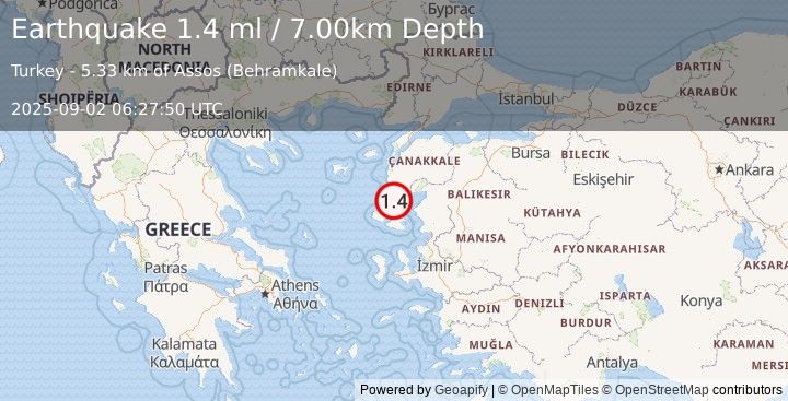 Earthquake NEAR THE COAST OF WESTERN TURKEY (1.4 ml) (2025-09-02 06:27:50 UTC)