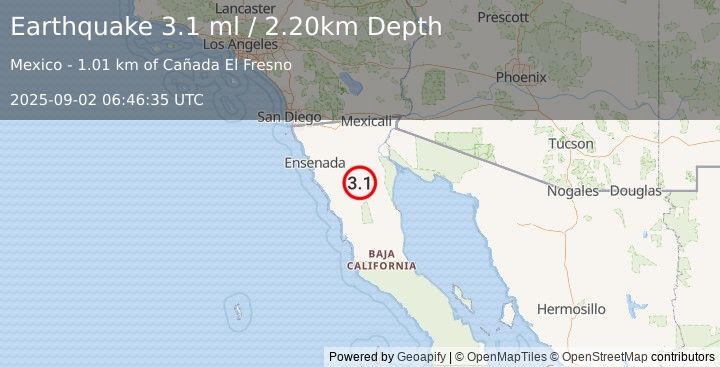 Earthquake BAJA CALIFORNIA, MEXICO (3.1 ml) (2025-09-02 06:46:35 UTC)