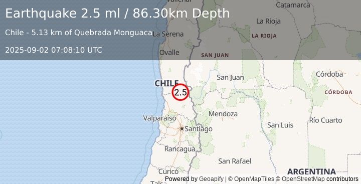 Earthquake VALPARAISO, CHILE (2.5 ml) (2025-09-02 07:08:10 UTC)