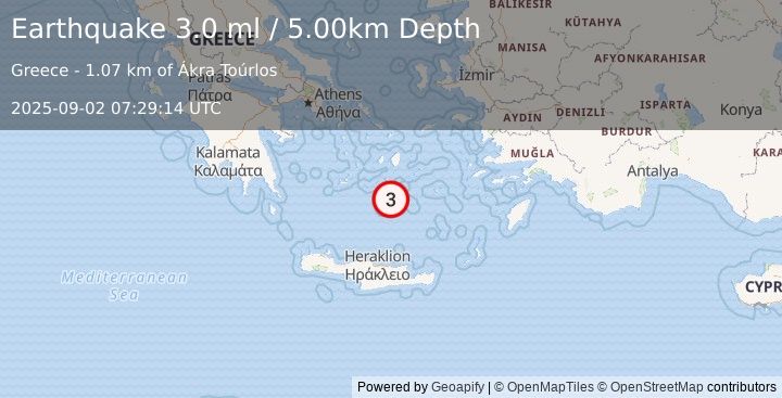 Earthquake DODECANESE ISLANDS, GREECE (3.5 ml) (2025-09-02 07:29:14 UTC)