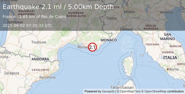 Earthquake NEAR SOUTH COAST OF FRANCE (2.1 ml) (2025-09-02 07:35:33 UTC)