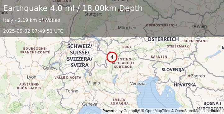 Earthquake NORTHERN ITALY (3.7 ml) (2025-09-02 07:49:51 UTC)