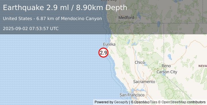 Earthquake OFFSHORE NORTHERN CALIFORNIA (2.9 ml) (2025-09-02 07:53:57 UTC)