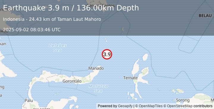 Earthquake KEPULAUAN SANGIHE, INDONESIA (3.9 m) (2025-09-02 08:03:46 UTC)