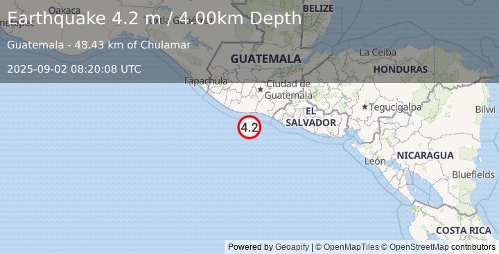 Earthquake OFFSHORE GUATEMALA (4.2 m) (2025-09-02 08:20:08 UTC)