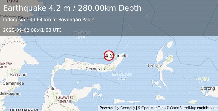 Earthquake MINAHASA, SULAWESI, INDONESIA (4.2 m) (2025-09-02 08:41:53 UTC)