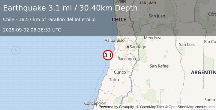 Earthquake OFFSHORE O'HIGGINS, CHILE (3.1 ml) (2025-09-02 08:38:33 UTC)