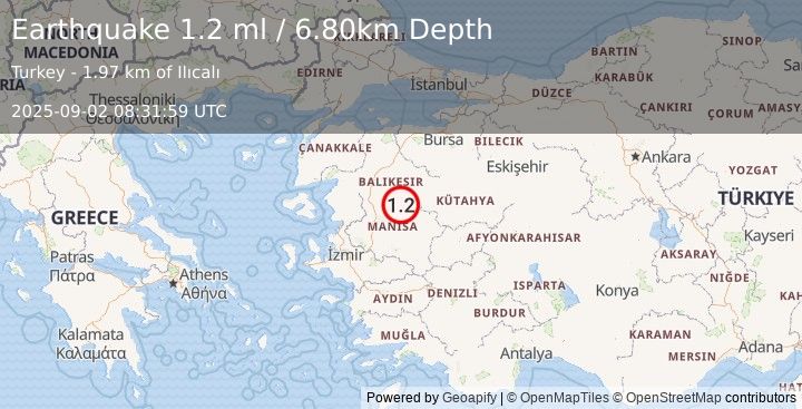 Earthquake WESTERN TURKEY (1.2 ml) (2025-09-02 08:31:59 UTC)