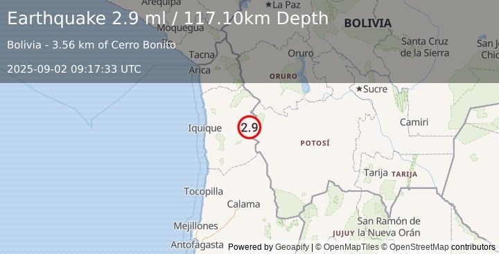Earthquake POTOSI, BOLIVIA (2.9 ml) (2025-09-02 09:17:33 UTC)