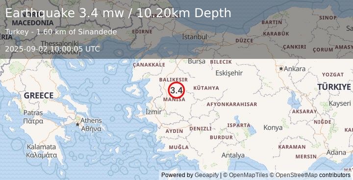 Earthquake WESTERN TURKEY (3.4 mw) (2025-09-02 10:00:05 UTC)