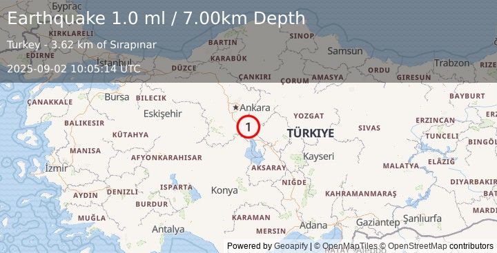 Earthquake CENTRAL TURKEY (1.0 ml) (2025-09-02 10:05:14 UTC)