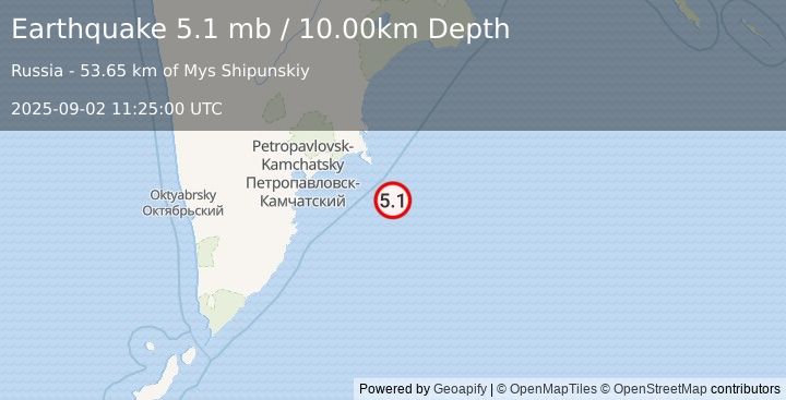 Earthquake OFF EAST COAST OF KAMCHATKA (5.0 mb) (2025-09-02 11:25:03 UTC)