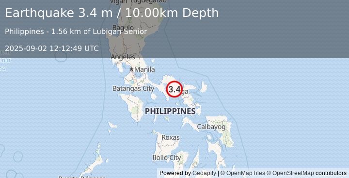 Earthquake LUZON, PHILIPPINES (3.4 m) (2025-09-02 12:12:49 UTC)