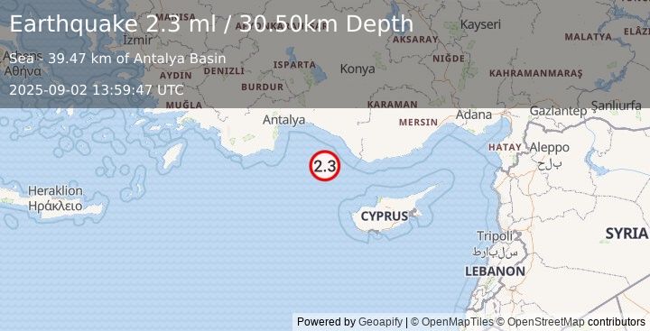 Earthquake CYPRUS REGION (2.3 ml) (2025-09-02 13:59:47 UTC)