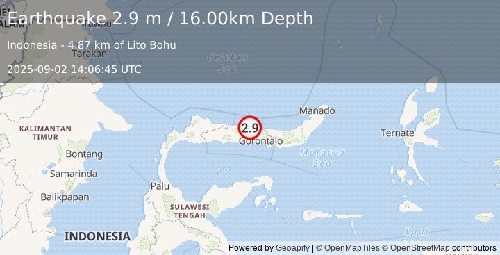 Earthquake MINAHASA, SULAWESI, INDONESIA (2.9 m) (2025-09-02 14:06:45 UTC)