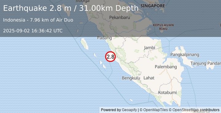 Earthquake KEP. MENTAWAI REGION, INDONESIA (2.8 m) (2025-09-02 16:36:42 UTC)