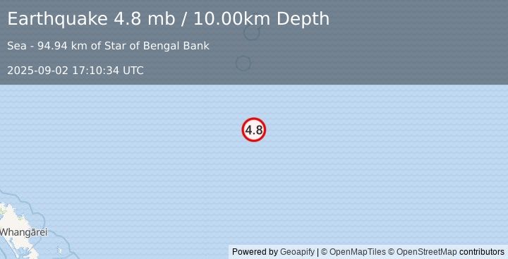 Earthquake SOUTH OF KERMADEC ISLANDS (4.8 mb) (2025-09-02 17:10:34 UTC)