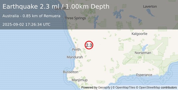 Earthquake WESTERN AUSTRALIA (2.3 ml) (2025-09-02 17:26:35 UTC)