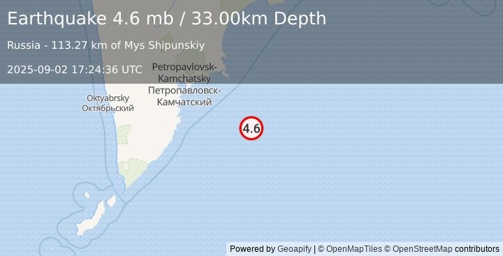 Earthquake OFF EAST COAST OF KAMCHATKA (4.6 mb) (2025-09-02 17:24:36 UTC)