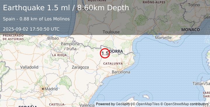 Earthquake PYRENEES (1.5 ml) (2025-09-02 17:50:50 UTC)