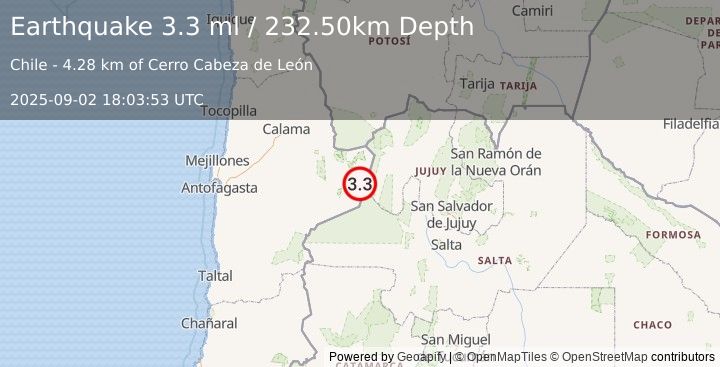 Earthquake ANTOFAGASTA, CHILE (3.3 ml) (2025-09-02 18:03:53 UTC)