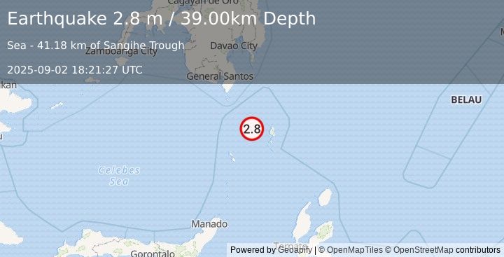 Earthquake KEPULAUAN TALAUD, INDONESIA (2.8 m) (2025-09-02 18:21:27 UTC)