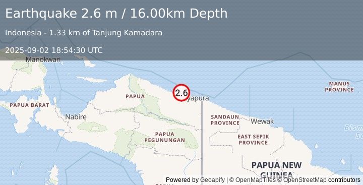 Earthquake NEAR N COAST OF PAPUA, INDONESIA (2.6 m) (2025-09-02 18:54:30 UTC)