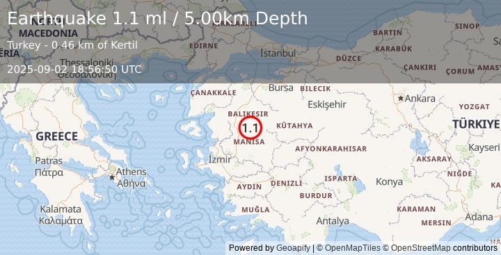 Earthquake WESTERN TURKEY (1.1 ml) (2025-09-02 18:56:50 UTC)