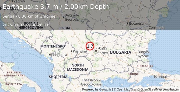 Earthquake SERBIA (3.3 m) (2025-09-02 19:06:26 UTC)