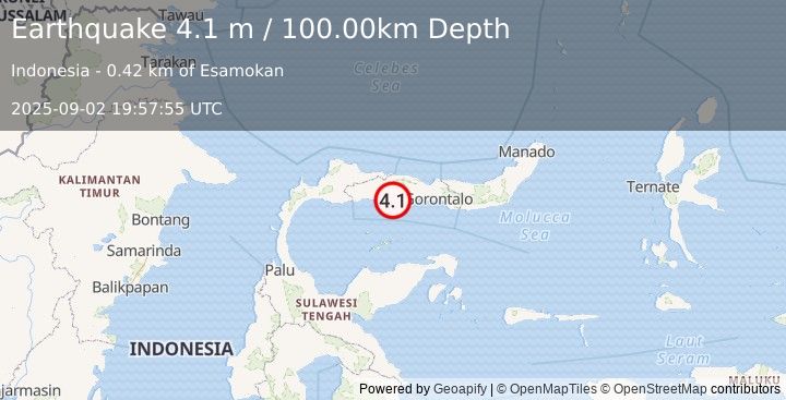 Earthquake MINAHASA, SULAWESI, INDONESIA (4.1 m) (2025-09-02 19:57:55 UTC)
