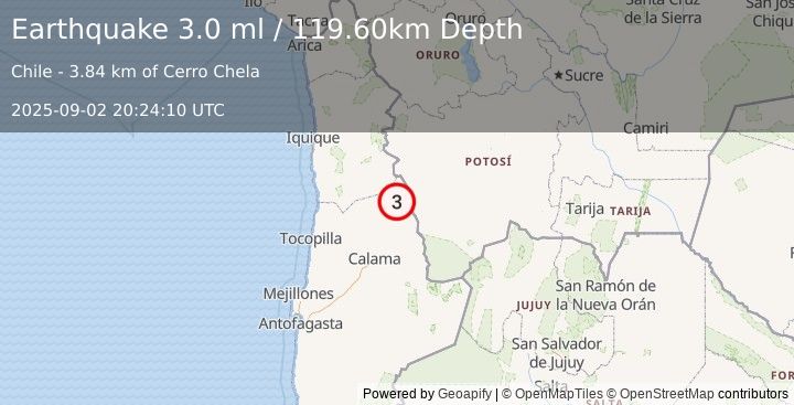 Earthquake ANTOFAGASTA, CHILE (3.0 ml) (2025-09-02 20:24:10 UTC)