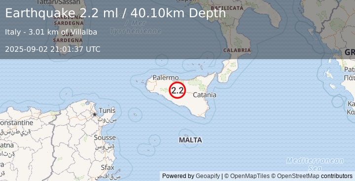 Earthquake SICILY, ITALY (2.2 ml) (2025-09-02 21:01:37 UTC)
