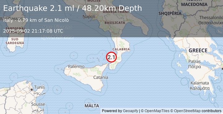 Earthquake SICILY, ITALY (2.1 ml) (2025-09-02 21:17:08 UTC)
