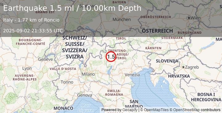 Earthquake NORTHERN ITALY (1.5 ml) (2025-09-02 21:33:55 UTC)