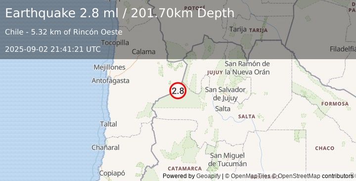 Earthquake SALTA, ARGENTINA (2.8 ml) (2025-09-02 21:41:21 UTC)