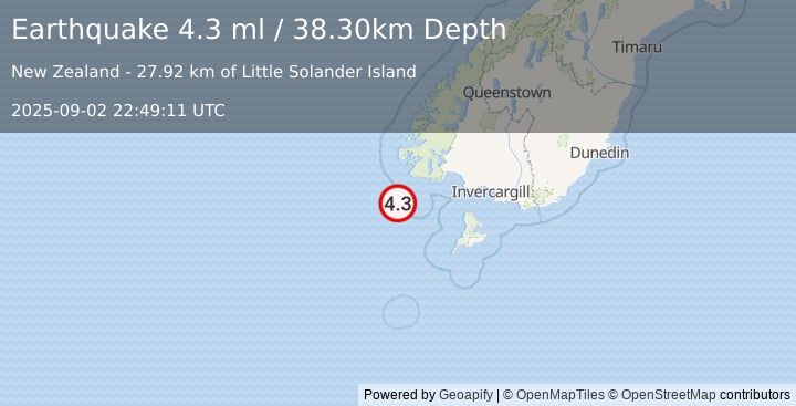 Earthquake OFF W. COAST OF S. ISLAND, N.Z. (4.3 ml) (2025-09-02 22:49:11 UTC)