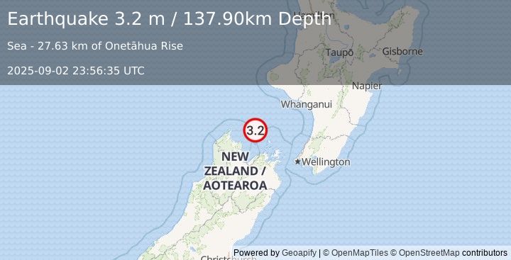 Earthquake COOK STRAIT, NEW ZEALAND (3.2 m) (2025-09-02 23:56:35 UTC)