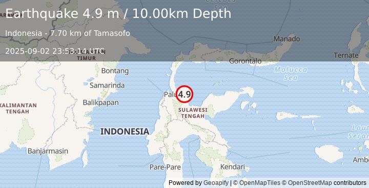 Earthquake MINAHASA, SULAWESI, INDONESIA (5.0 mw) (2025-09-02 23:53:17 UTC)