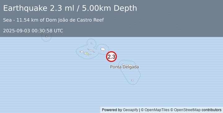 Earthquake AZORES ISLANDS, PORTUGAL (2.3 ml) (2025-09-03 00:30:58 UTC)