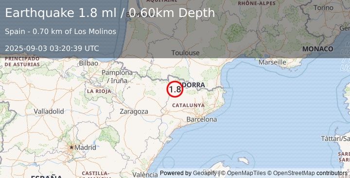 Earthquake PYRENEES (1.8 ml) (2025-09-03 03:20:39 UTC)