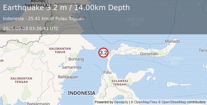 Earthquake MINAHASA, SULAWESI, INDONESIA (3.2 m) (2025-09-03 03:26:41 UTC)