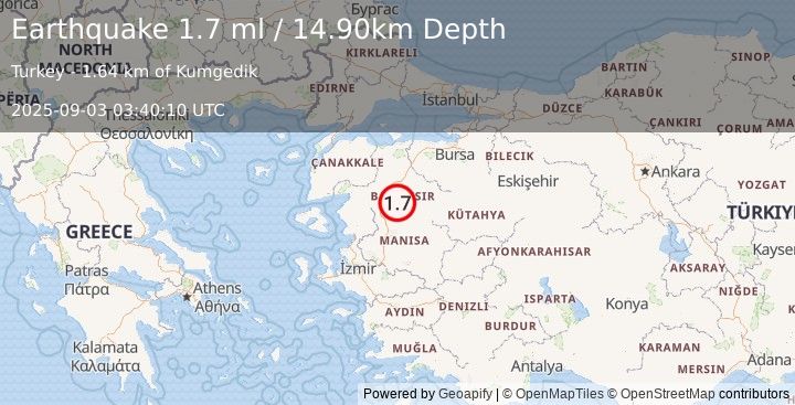 Earthquake WESTERN TURKEY (1.7 ml) (2025-09-03 03:40:10 UTC)