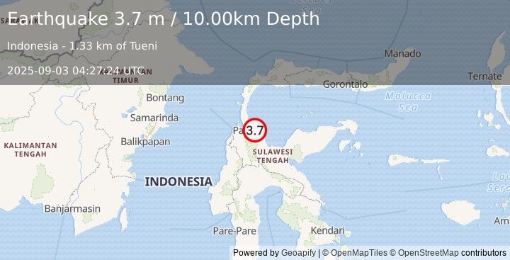Earthquake MINAHASA, SULAWESI, INDONESIA (3.7 m) (2025-09-03 04:27:24 UTC)