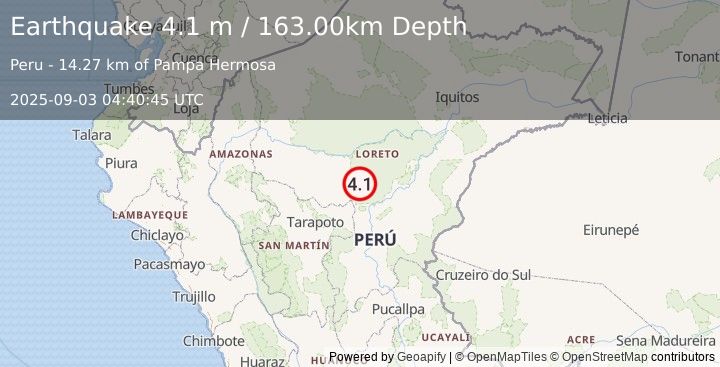 Earthquake NORTHERN PERU (4.1 m) (2025-09-03 04:40:45 UTC)
