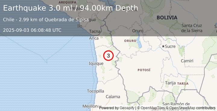 Earthquake TARAPACA, CHILE (3.0 ml) (2025-09-03 06:08:48 UTC)