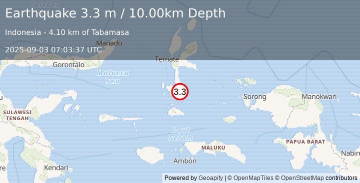 Earthquake HALMAHERA, INDONESIA (3.3 m) (2025-09-03 07:03:37 UTC)