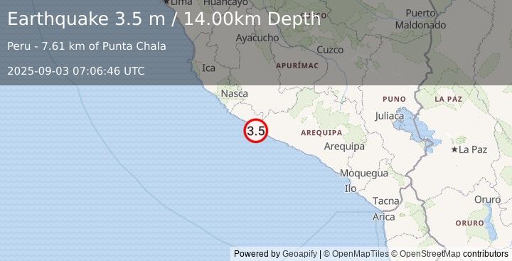 Earthquake NEAR COAST OF SOUTHERN PERU (3.5 m) (2025-09-03 07:06:46 UTC)