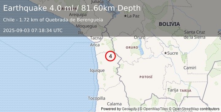 Earthquake TARAPACA, CHILE (4.0 ml) (2025-09-03 07:18:31 UTC)