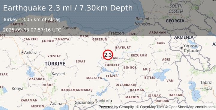 Earthquake EASTERN TURKEY (2.3 ml) (2025-09-03 07:57:16 UTC)